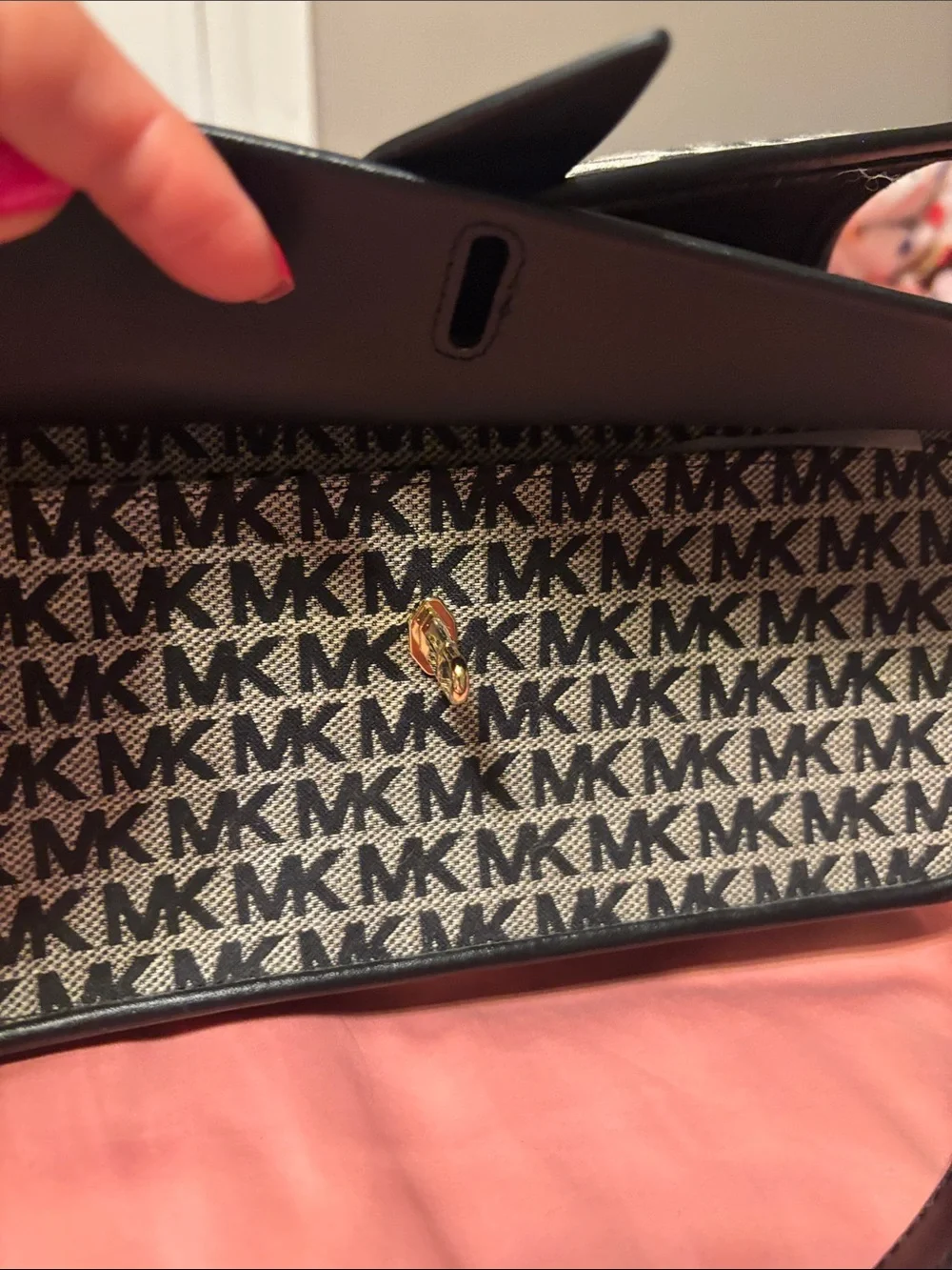 Michael Kors Black and White MK Logo Shoulder Bag with Gold Hardware